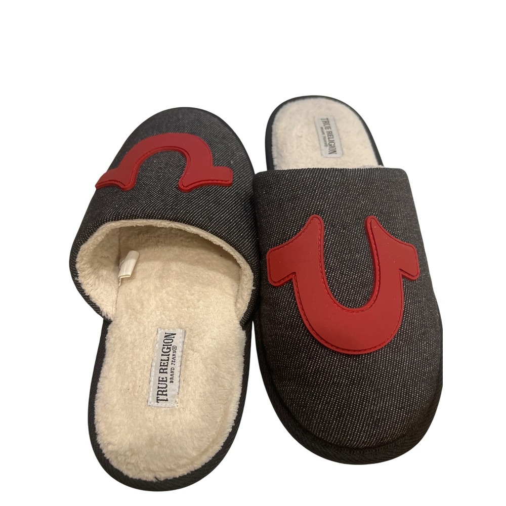 True Religion Mens Denim Slippers Red Horseshoe‎ Logo Faux Fur Lining Size S 7-8